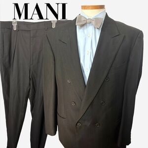 Giorgio Armani Mani Suit 46L (42x32) Black Wide Pinstripe Double-Breasted Wool